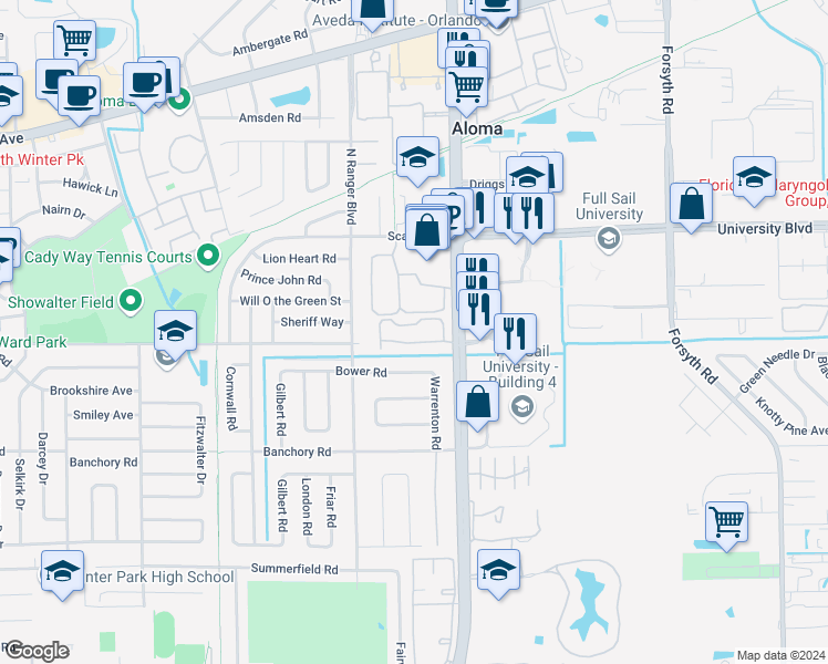 map of restaurants, bars, coffee shops, grocery stores, and more near 2918 Antique Oaks Circle in Winter Park