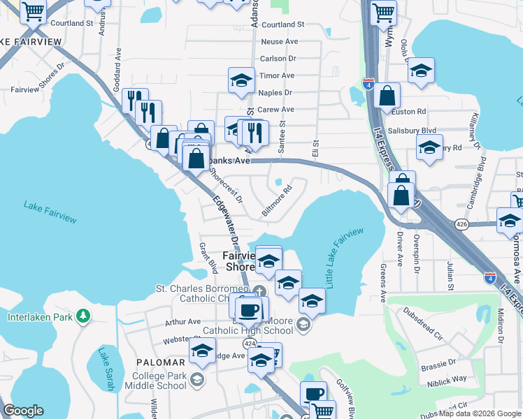 map of restaurants, bars, coffee shops, grocery stores, and more near 4249 Kendrick Road in Orlando