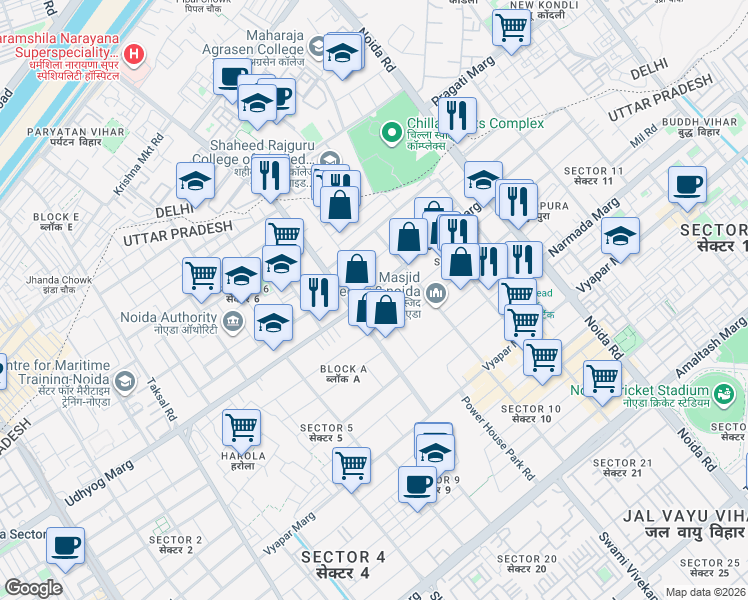 map of restaurants, bars, coffee shops, grocery stores, and more near in Noida