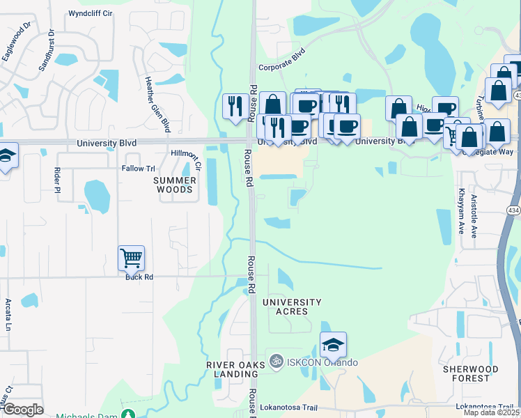 map of restaurants, bars, coffee shops, grocery stores, and more near 3201 Rouse Road in Orlando