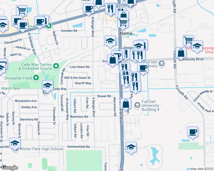map of restaurants, bars, coffee shops, grocery stores, and more near 2923 Antique Oaks Circle in Winter Park