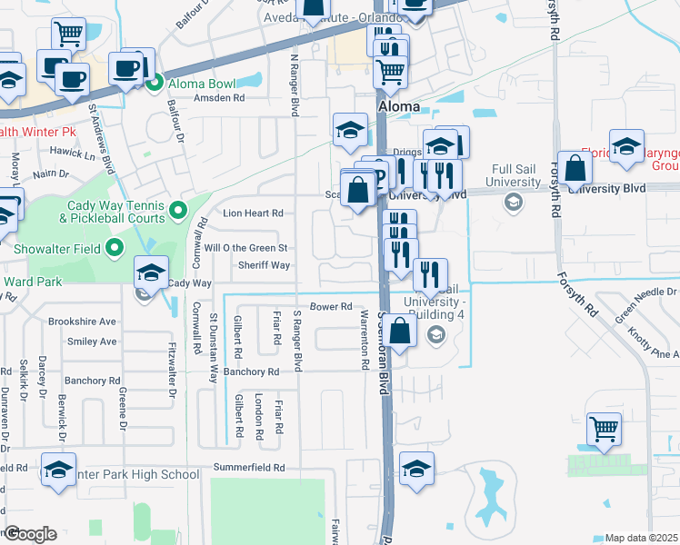 map of restaurants, bars, coffee shops, grocery stores, and more near 2918 Antique Oaks Circle in Winter Park