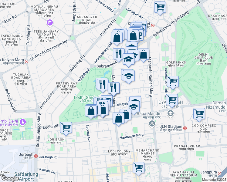 map of restaurants, bars, coffee shops, grocery stores, and more near Max Mueller Marg in New Delhi