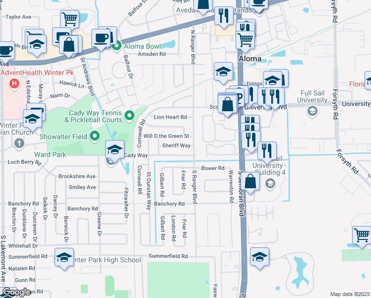 map of restaurants, bars, coffee shops, grocery stores, and more near 2852 Sheriff Way in Winter Park