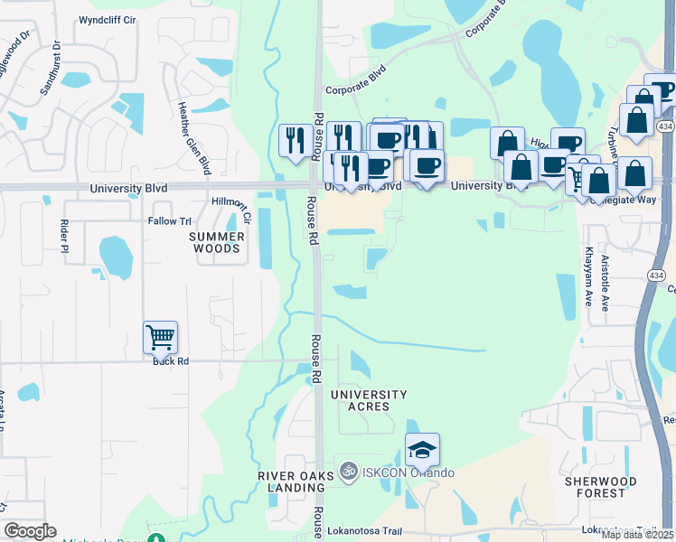 map of restaurants, bars, coffee shops, grocery stores, and more near 3211 Rouse Rd in Orlando