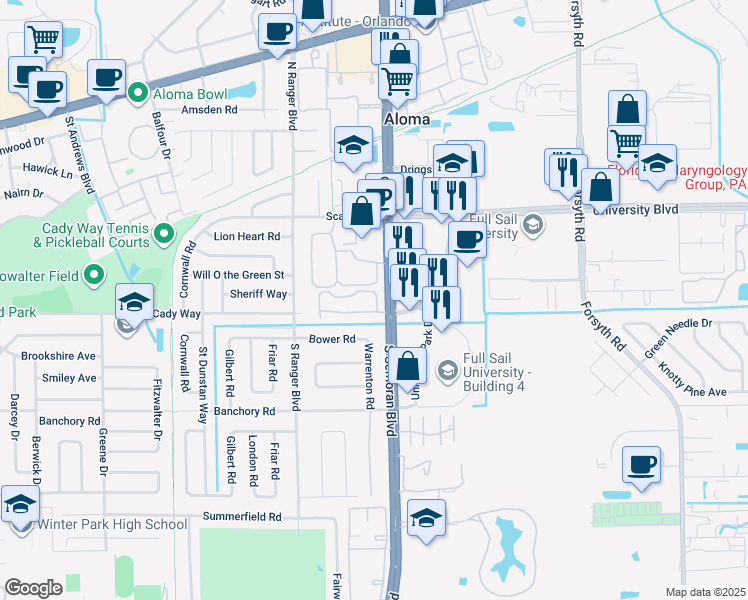 map of restaurants, bars, coffee shops, grocery stores, and more near 242 South Semoran Boulevard in Winter Park