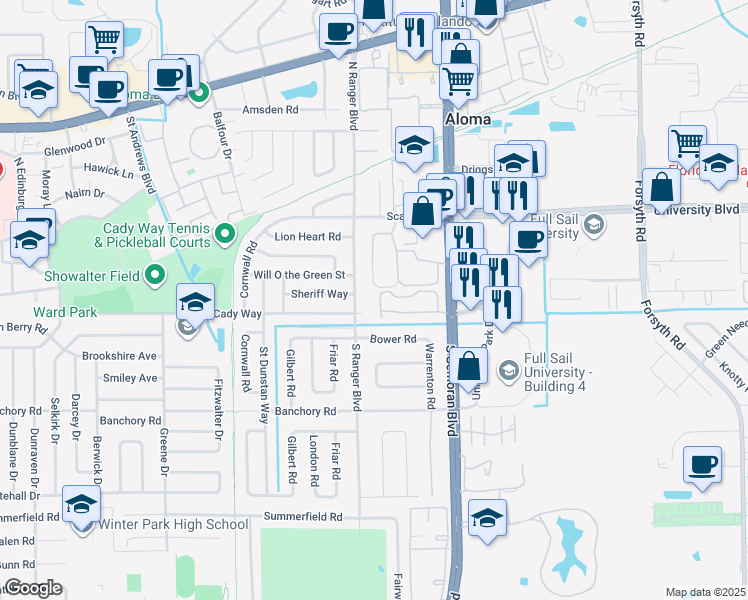 map of restaurants, bars, coffee shops, grocery stores, and more near 3073 U K Circle in Winter Park