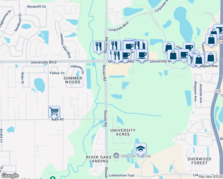 map of restaurants, bars, coffee shops, grocery stores, and more near 3201 Rouse Road in Orlando