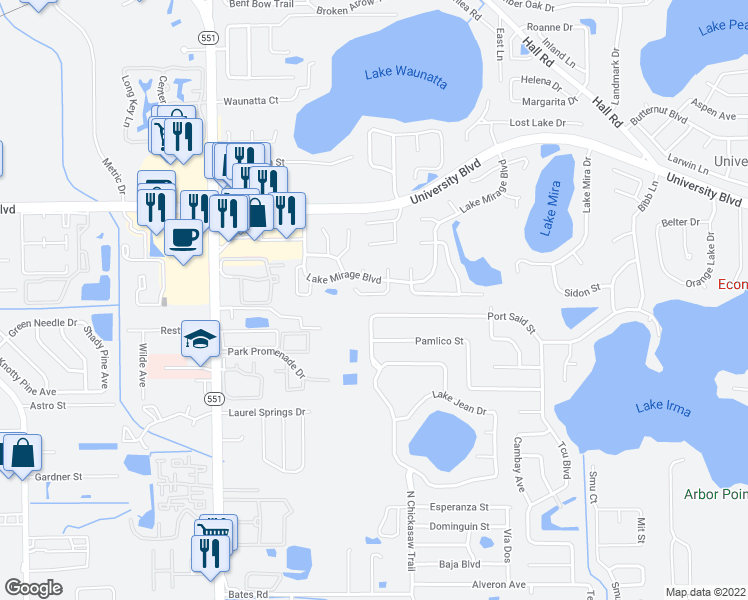 map of restaurants, bars, coffee shops, grocery stores, and more near 8010 Waldorf Court in Orlando
