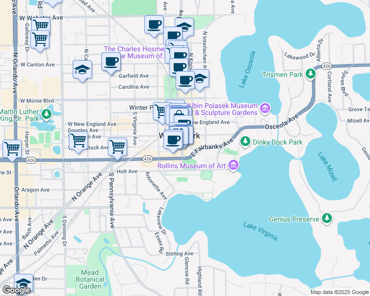 map of restaurants, bars, coffee shops, grocery stores, and more near in Winter Park