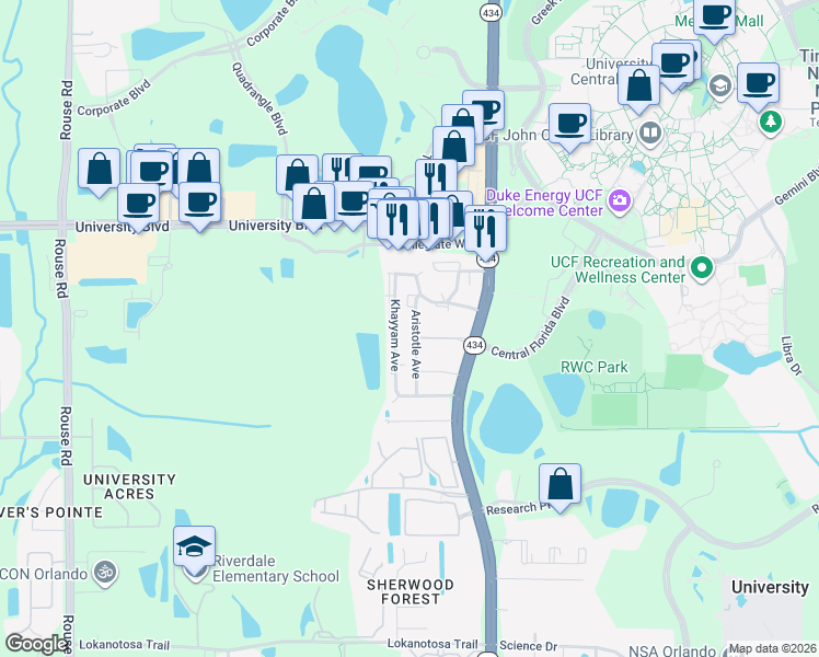 map of restaurants, bars, coffee shops, grocery stores, and more near 3712 Khayyam Avenue in Orlando