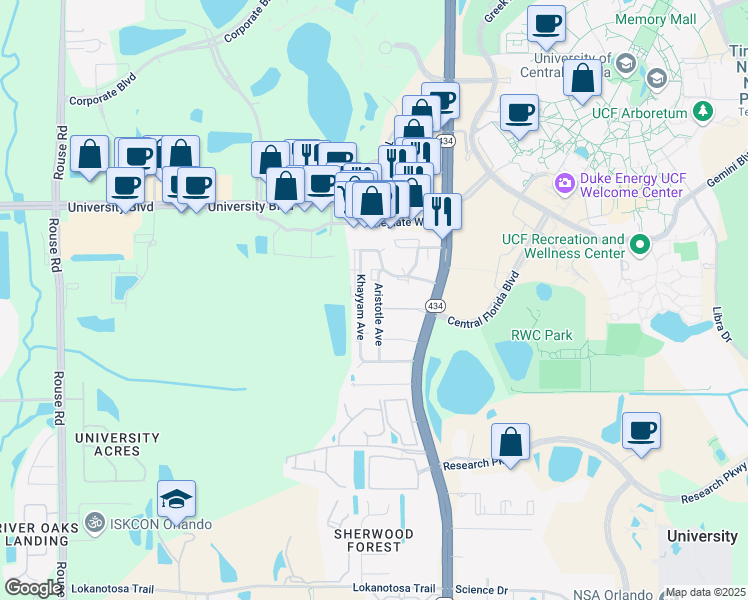 map of restaurants, bars, coffee shops, grocery stores, and more near 3666 Aristotle Avenue in Orlando