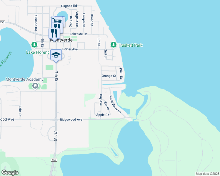 map of restaurants, bars, coffee shops, grocery stores, and more near 16832 Sugar Berry Lane in Montverde