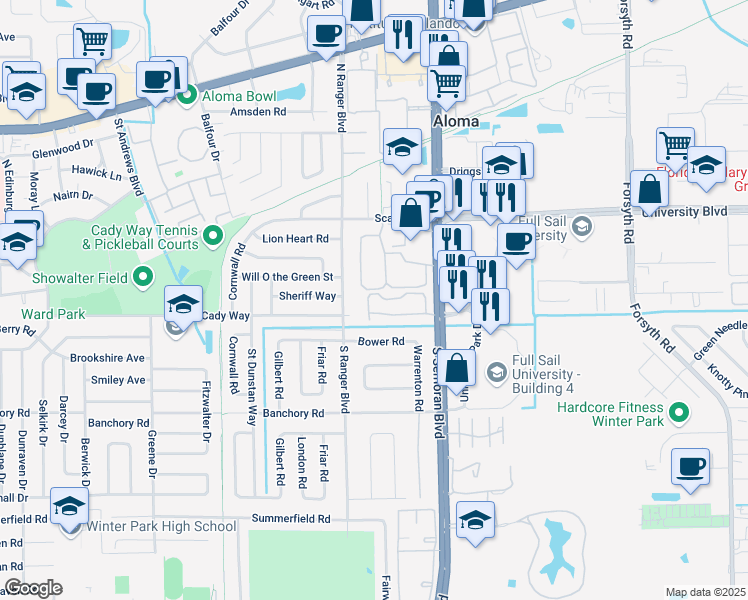 map of restaurants, bars, coffee shops, grocery stores, and more near 3073 U K Circle in Winter Park