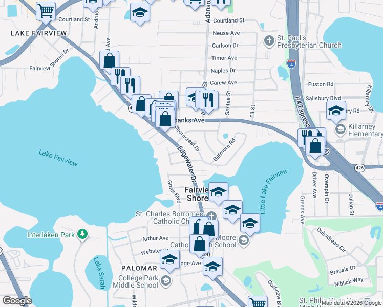 map of restaurants, bars, coffee shops, grocery stores, and more near 4246 Shorecrest Drive in Orlando