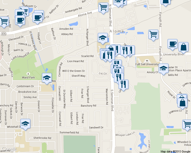 map of restaurants, bars, coffee shops, grocery stores, and more near 3073 U K Circle in Winter Park