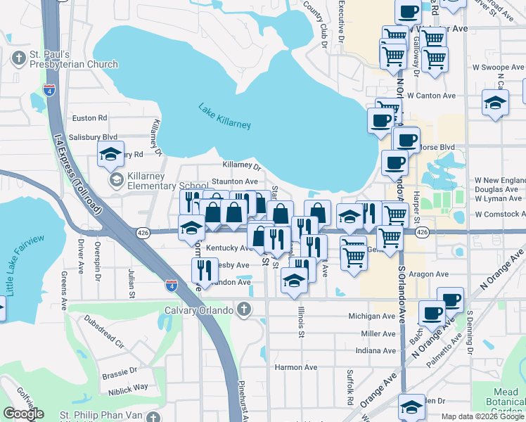 map of restaurants, bars, coffee shops, grocery stores, and more near 441 Clay Street in Winter Park