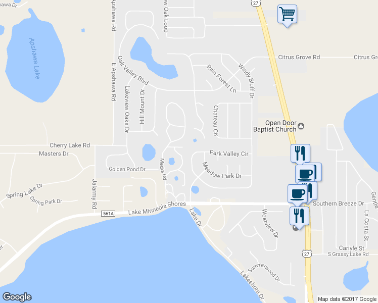 map of restaurants, bars, coffee shops, grocery stores, and more near 903 Park Valley Circle in Minneola