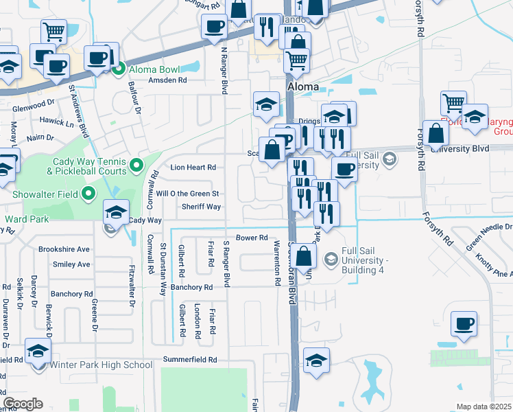 map of restaurants, bars, coffee shops, grocery stores, and more near 2918 Antique Oaks Circle in Winter Park