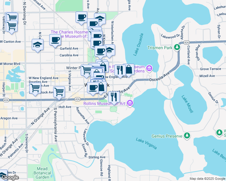 map of restaurants, bars, coffee shops, grocery stores, and more near 338 East Lyman Avenue in Winter Park