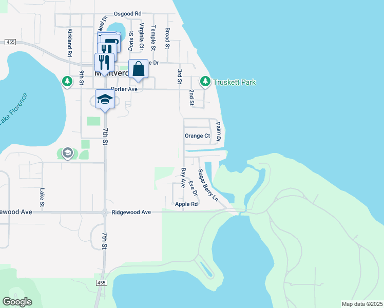 map of restaurants, bars, coffee shops, grocery stores, and more near 17339 Raintree Court in Montverde