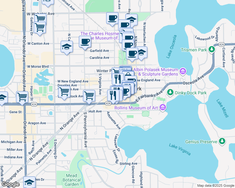 map of restaurants, bars, coffee shops, grocery stores, and more near 217 West Comstock Avenue in Winter Park