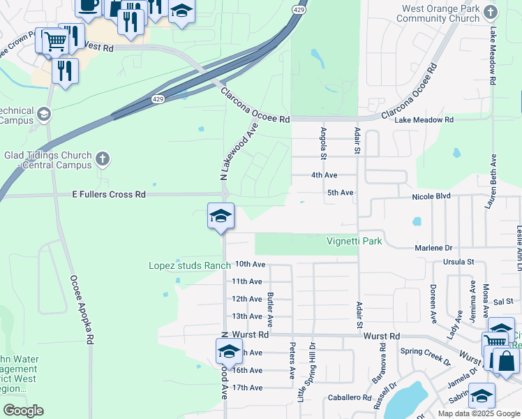 map of restaurants, bars, coffee shops, grocery stores, and more near 1907 North Lakewood Avenue in Ocoee