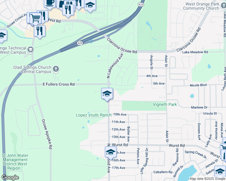 map of restaurants, bars, coffee shops, grocery stores, and more near 1909 North Lakewood Avenue in Ocoee