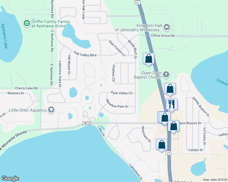 map of restaurants, bars, coffee shops, grocery stores, and more near 849 Park Valley Circle in Minneola