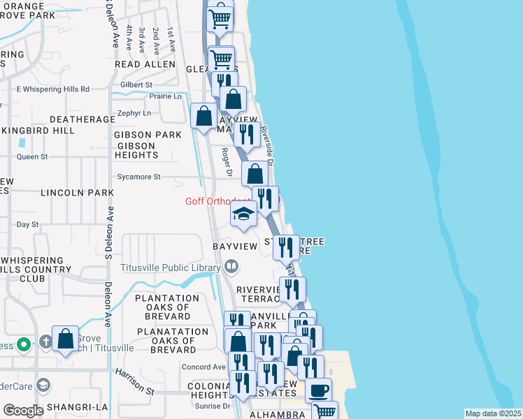 map of restaurants, bars, coffee shops, grocery stores, and more near 1710 South Washington Avenue in Titusville