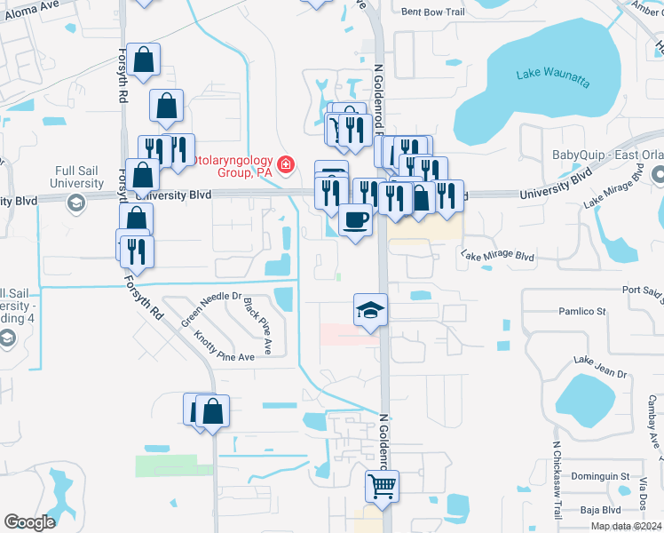 map of restaurants, bars, coffee shops, grocery stores, and more near 3814 Calibre Bend Lane in Winter Park