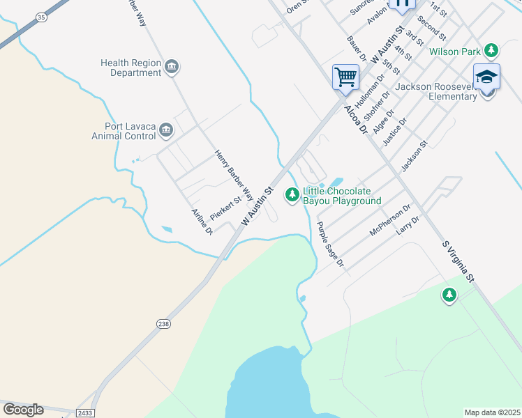 map of restaurants, bars, coffee shops, grocery stores, and more near 2510 West Austin Street in Port Lavaca