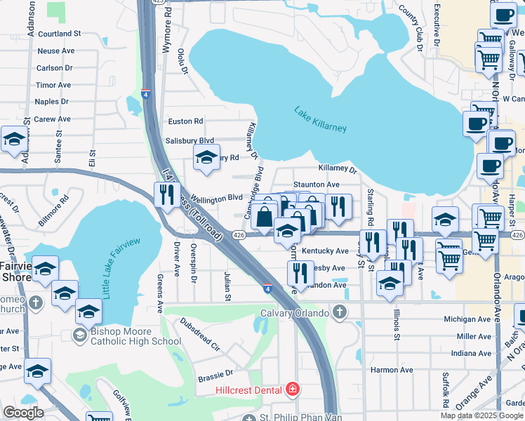 map of restaurants, bars, coffee shops, grocery stores, and more near 267 Orange Terrace Drive in Winter Park