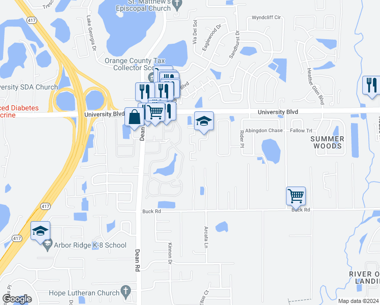 map of restaurants, bars, coffee shops, grocery stores, and more near 3838 Gathering Dr in Orlando
