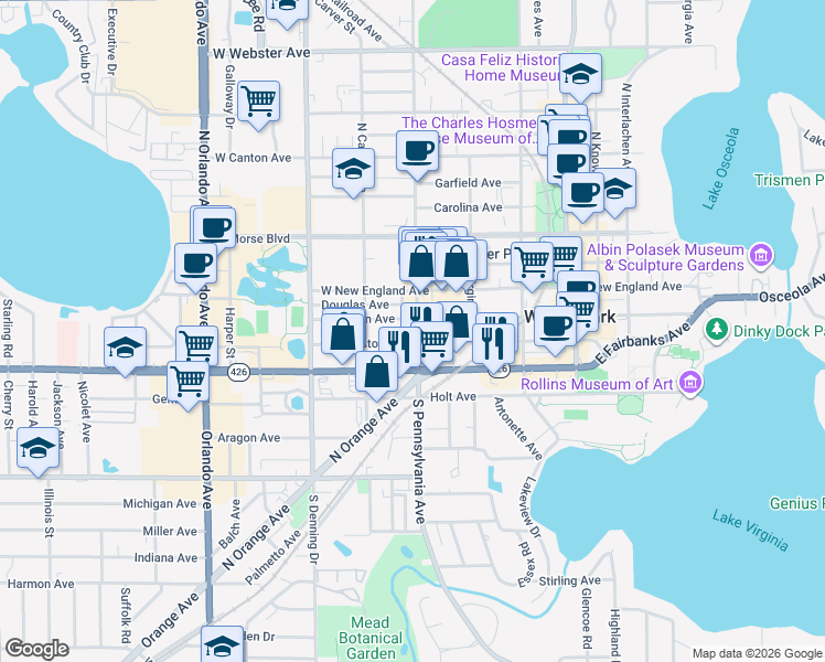 map of restaurants, bars, coffee shops, grocery stores, and more near 431 South Pennsylvania Avenue in Winter Park
