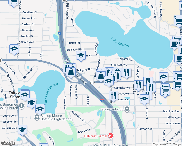 map of restaurants, bars, coffee shops, grocery stores, and more near 2323 Devon Court in Winter Park