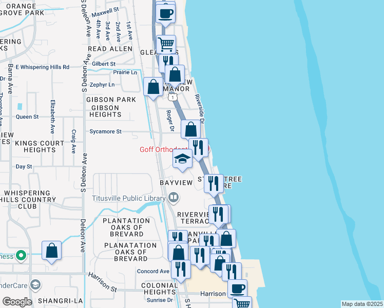 map of restaurants, bars, coffee shops, grocery stores, and more near 1710 South Washington Avenue in Titusville