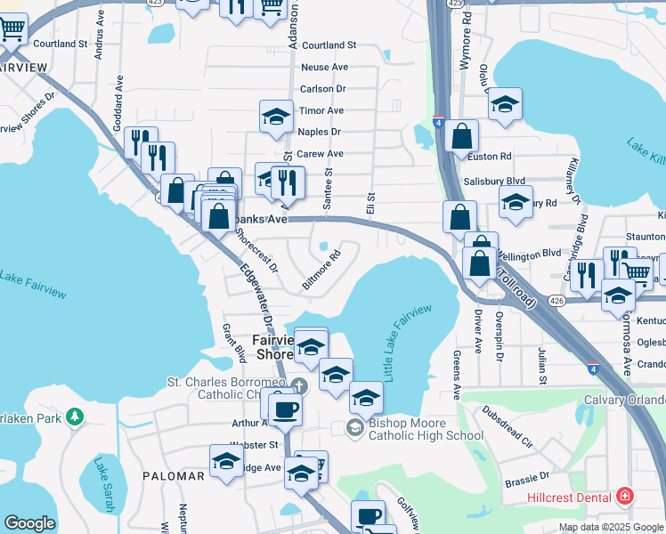 map of restaurants, bars, coffee shops, grocery stores, and more near 4271 Biltmore Road in Orlando