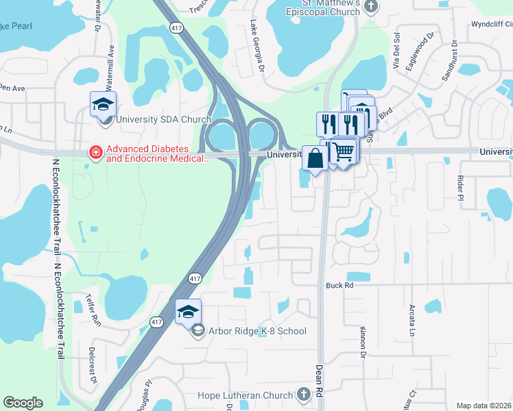 map of restaurants, bars, coffee shops, grocery stores, and more near 9805 Heaton Court in Orlando