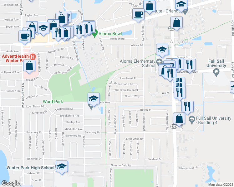 map of restaurants, bars, coffee shops, grocery stores, and more near 320 Saint Dunstan Way in Winter Park