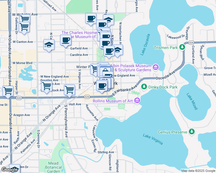 map of restaurants, bars, coffee shops, grocery stores, and more near in Winter Park