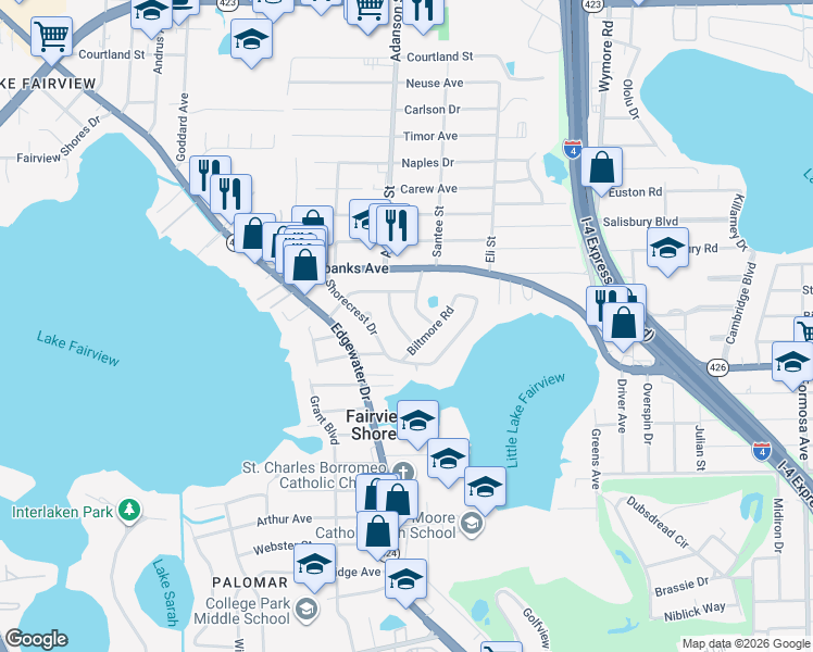 map of restaurants, bars, coffee shops, grocery stores, and more near 4249 Kendrick Road in Orlando