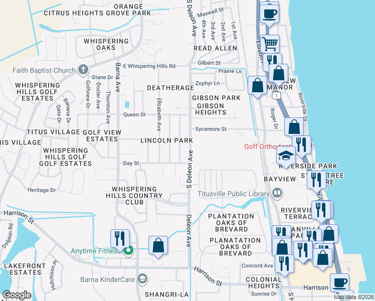 map of restaurants, bars, coffee shops, grocery stores, and more near 1710 South Deleon Avenue in Titusville