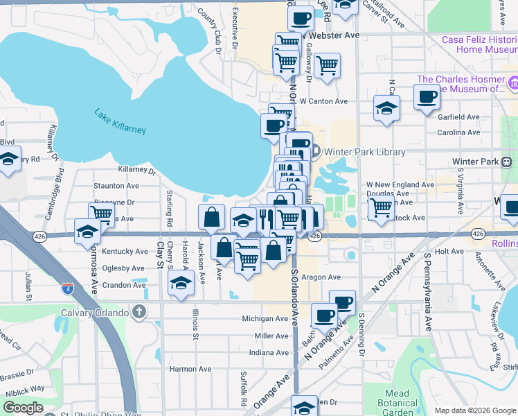 map of restaurants, bars, coffee shops, grocery stores, and more near 440 Shoreview Avenue in Winter Park