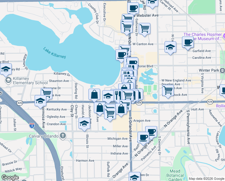 map of restaurants, bars, coffee shops, grocery stores, and more near 440 Shoreview Avenue in Winter Park