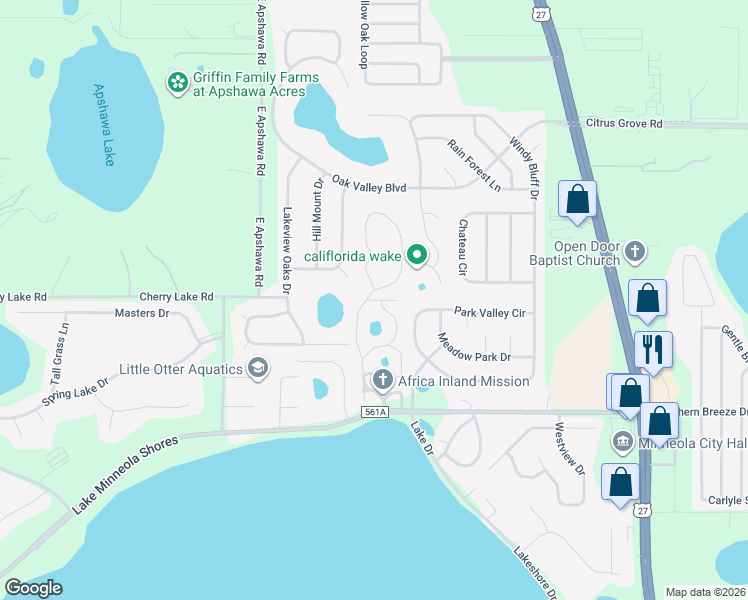 map of restaurants, bars, coffee shops, grocery stores, and more near 1301 Hurlburt Way in Minneola