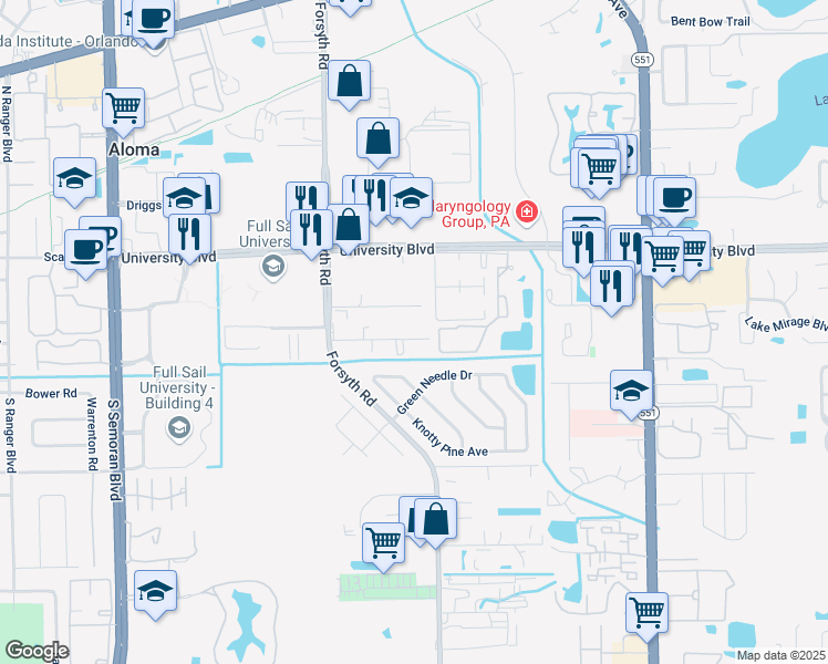 map of restaurants, bars, coffee shops, grocery stores, and more near 7019 Mills Road in Winter Park