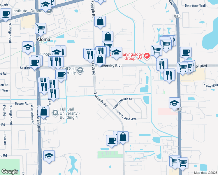 map of restaurants, bars, coffee shops, grocery stores, and more near 6927 Mills Road in Winter Park