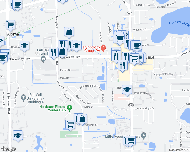 map of restaurants, bars, coffee shops, grocery stores, and more near 3830 Sutton Place Boulevard in Winter Park