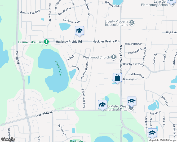 map of restaurants, bars, coffee shops, grocery stores, and more near 1607 Prairie Lake Boulevard in Ocoee